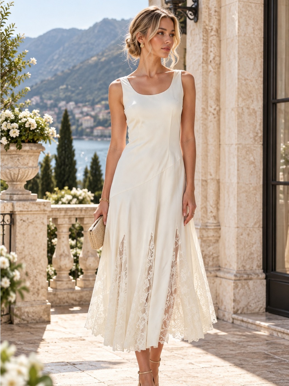 Endless Rose Satin Cream Lace Insert Maxi Dress
